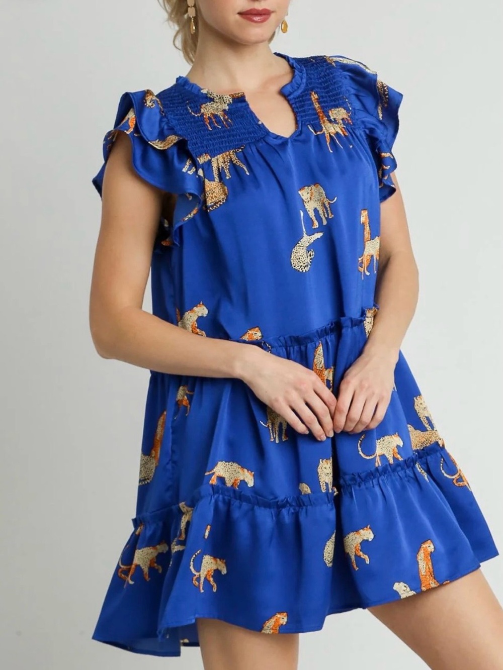 Umgee Royal Blue Cheetah Print Tiered Mini Dress NWT | Medium